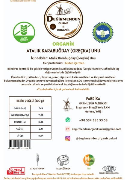 Organik Atalık Karabuğday (Greçka) Unu (Gluten Içermez) - 1 Kilo