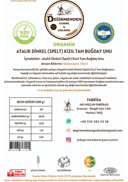 Organik Atalık Dinkel Spelt Kızıl Tam Buğday Unu - 10 Kilo