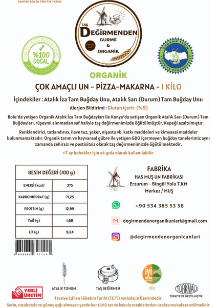 Organik Atalık Çok Amaçlı Un - Pizza - Makarna - 1 Kilo