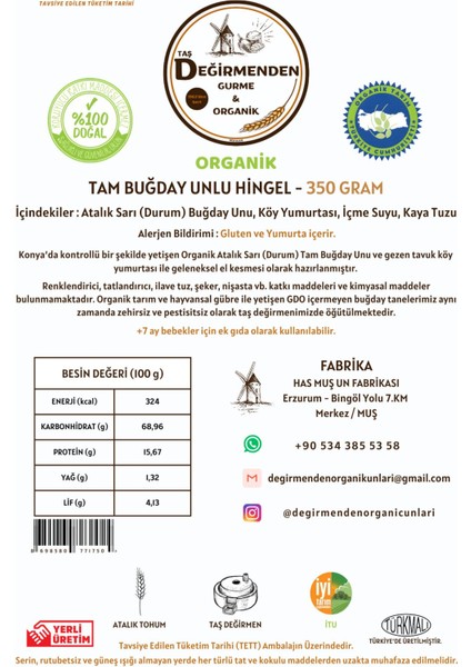 Organik Atalık Tam Buğday Unlu Hingel (Üçgen Kesme) Mantı (Gezen Tavuk Köy Yumurtalı) - 350 Gram