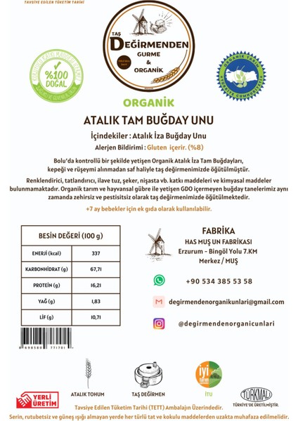 Organik Atalık Tam Buğday Unu - 1 Kilo