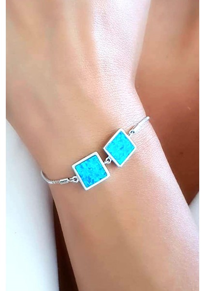 İtalyan 925 ayar gümüş ayarlanabilir asansörlü opal kare bileklik