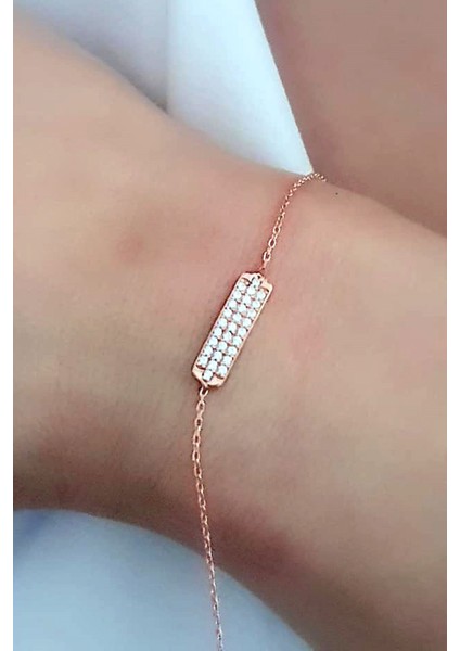 Zirkon taşlı gümüş rose minimal plaka bileklik fiyatları