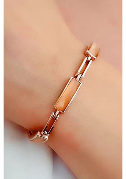 Oseshop Italyan Tasarımı 925 Ayar Gümüş Rose Kedi Gözü Taşlı Bileklik