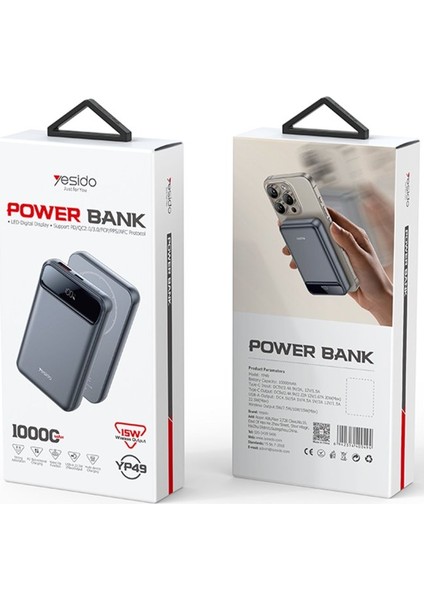 YP49 10.000 Mah Dijital Göstergeli 22.5W USB 3.0 / 20W Type-C Çıkışlı ve 15W Kablosuz Şarjlı Pd Hızlı Şarj Manyetik Magsafe Powerbank - Siyah