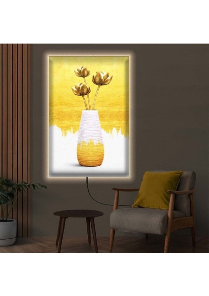Ledli 90x60 Kolaj Çizim Vazo Çiçek Kanvas Tablo