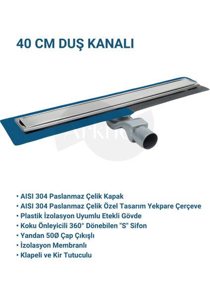 Satine Paslanmaz Çelik Kapak ve Çerçeveli Yalıtım Mebranlı 50'lik Yandan Çıkışlı Duş Kanalı