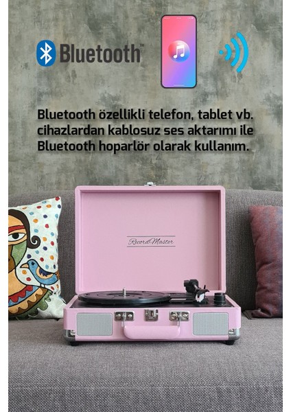 *ücretsiz Kargo Record Master ST14012 Pembe Retro Pikap Bluetooth ve Şarj Özellikli Retro Pikap 33, 45, 78 Devir