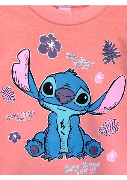Kız Çocuk Stitch Baskılı Şardonlu Bisiklet Yaka Uzun Kollu Sweatshirt Eşofman Takımı