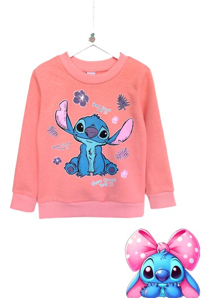 Kız Çocuk Stitch Baskılı Şardonlu Bisiklet Yaka Uzun Kollu Sweatshirt Eşofman Takımı