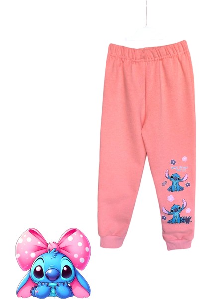 Kız Çocuk Stitch Baskılı Şardonlu Bisiklet Yaka Uzun Kollu Sweatshirt Eşofman Takımı