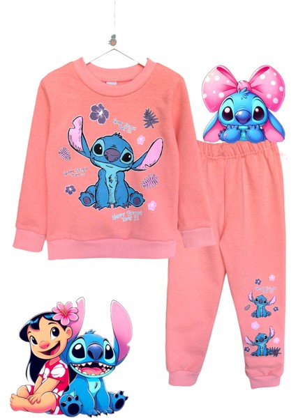 Kız Çocuk Stitch Baskılı Şardonlu Bisiklet Yaka Uzun Kollu Sweatshirt Eşofman Takımı