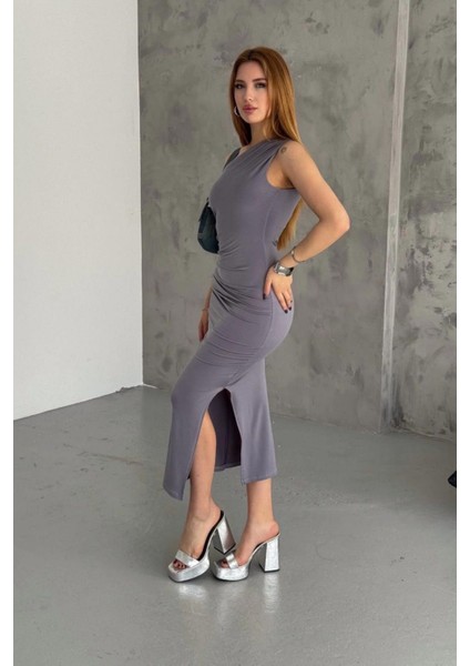 Tek Omuz Drape Detay Yanı Yırmtaçlı Elbise