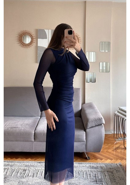 Drape Detaylı Tül Midi Elbise