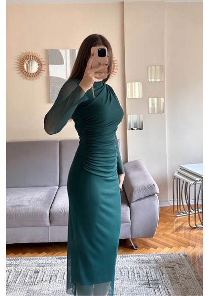 Drape Detaylı Tül Midi Elbise