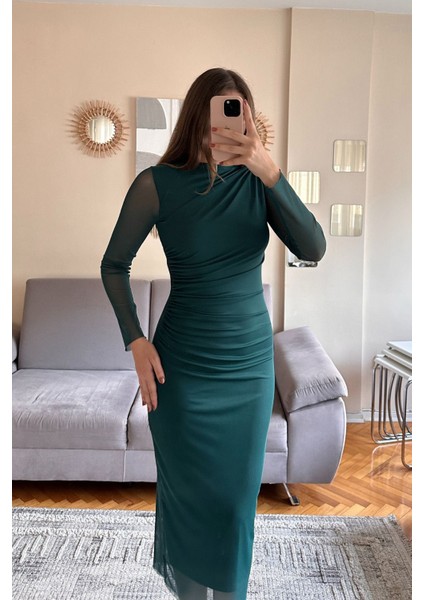 Drape Detaylı Tül Midi Elbise