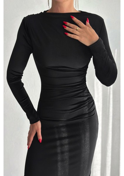 Siyah Kadife Drape Detaylı Uzun Kollu Elbise