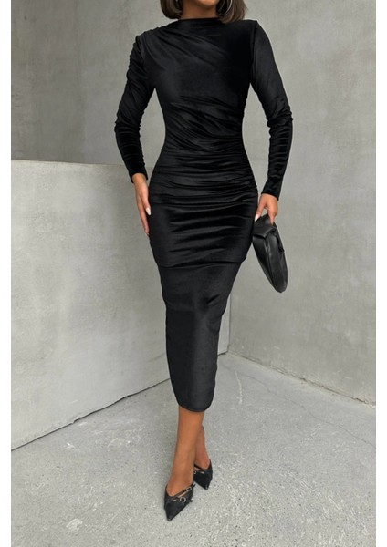 Kadife Drape Detaylı Midi Elbise