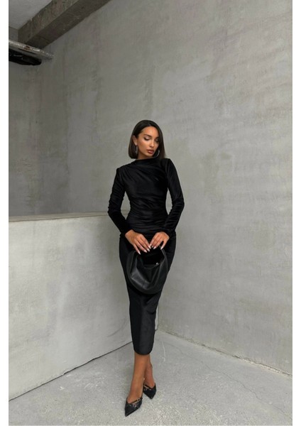 Kadife Drape Detaylı Midi Elbise