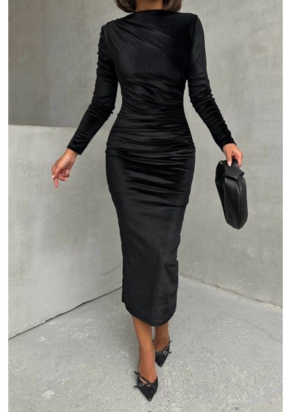Kadife Drape Detaylı Midi Elbise
