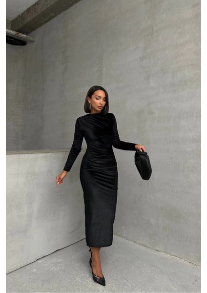 Kadife Drape Detaylı Midi Elbise