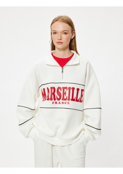 Oversize Sweatshirt Yarım Fermuarlı Kolej Baskılı Şardonlu modelleri
