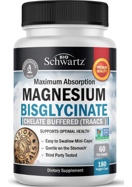 Bioschwartz Magnesium Bisglycinate 100% Chelate No-Laxative Effect - Maximum Absorption- Fully Reacted & Buffered For Energy Muscle Bone & Joint Support -180 Vegi Capsul.