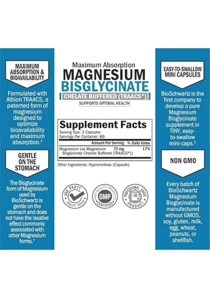 Bioschwartz Magnesium Bisglycinate 100% Chelate No-Laxative Effect - Maximum Absorption- Fully Reacted & Buffered For Energy Muscle Bone & Joint Support -180 Vegi Capsul.