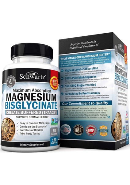 Bioschwartz Magnesium Bisglycinate 100% Chelate No-Laxative Effect - Maximum Absorption- Fully Reacted & Buffered For Energy Muscle Bone & Joint Support -180 Vegi Capsul.