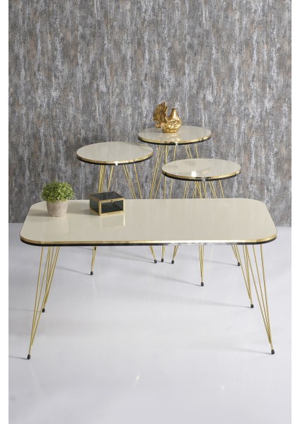 Zigon Sehpa Ve Orta Sehpa Kr Set Çift Gold Krem Tel Ayak