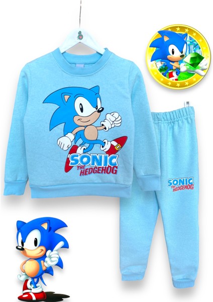 Sonic Desenli Mavi Renkli Uzun Kollu Bisiklet Yaka Şardonlu Kışlık Erkek Çocuk Sweatshirt Eşofman Takımı