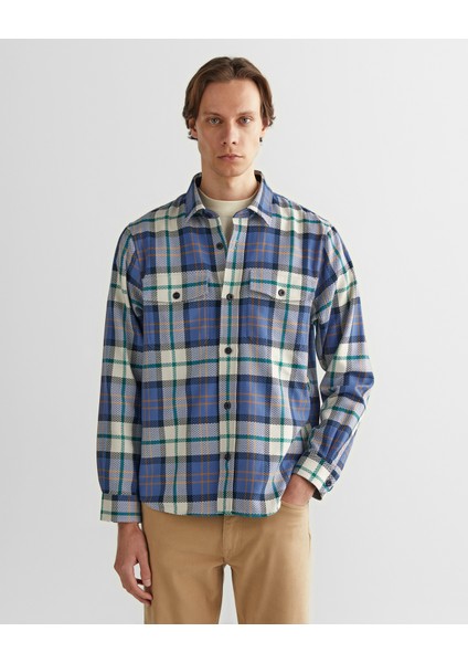 Erkek Mavi Regular Fit Düğmeli Yaka Kareli Gömlek 3240173.442