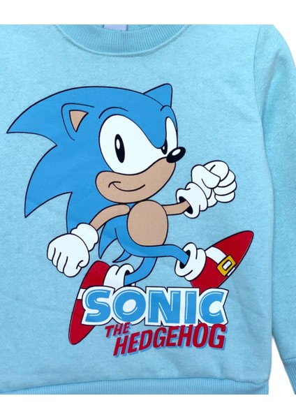 Sonic Baskılı Mavi Renkli Uzun Kollu Bisiklet Yaka Şardonlu Kışlık Erkek Çocuk Sweatshirt Eşofman Takımı modelleri