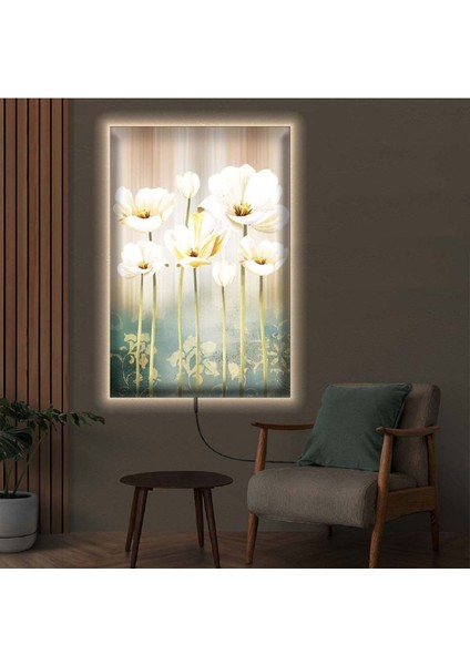 Ledli 90x60 Beyaz Çiçek Kanvas Tablo