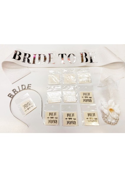 Gümüş Renk Bride Partisi Taç Kuşak Dövme Bileklik Seti Full 13 Parça (K0)