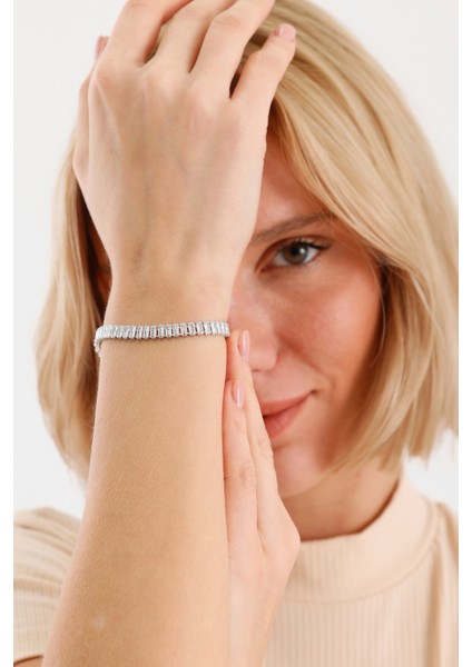 BİLEKLİK ÇELİK CHARM BAYAN TAŞLI Emerald Cut Su Yolu Tektaş 15CM 4mm