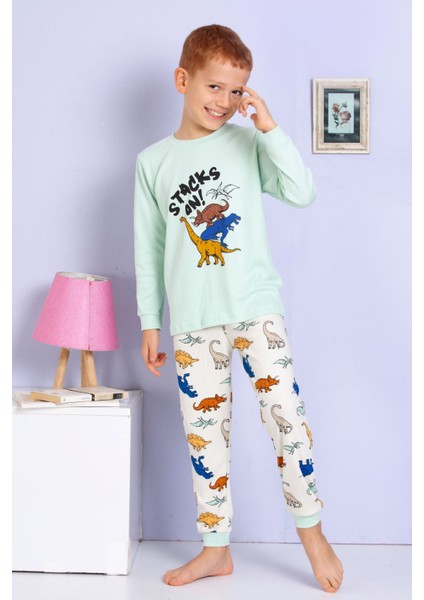 Elmp Yeşil Dinazor Desenli %100 Pamuk Erkek Çocuk Pijama Takımı 1-9 Yaş 3071