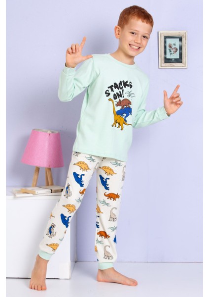 Elmp Yeşil Dinazor Desenli %100 Pamuk Erkek Çocuk Pijama Takımı 1-9 Yaş 3071