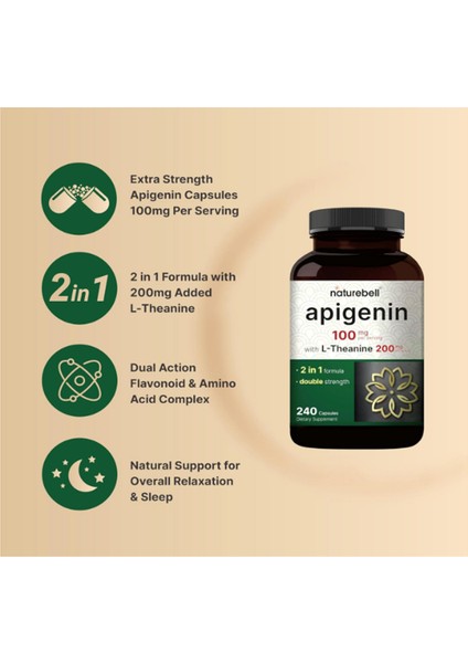 Apigenin 100mg With L-Theanine, 240 Capsules (50mg Apigenin Per Capsule) – Extra Strength Sleep & Relaxation.