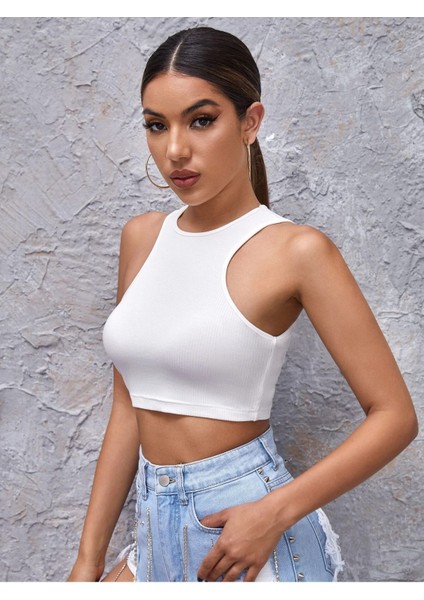 Beyaz Renk Halter Yaka Düz Desensiz Likralı Slim Fit Crop Top Bluz fırsatları