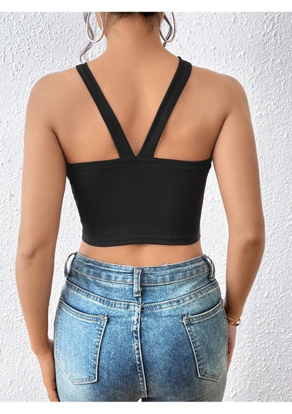Siyah Renk Degaje Yaka Düz Desensiz Çarpaz Askılı Likralı Fitilli Kaşkorse Crop Top Bluz fiyatları