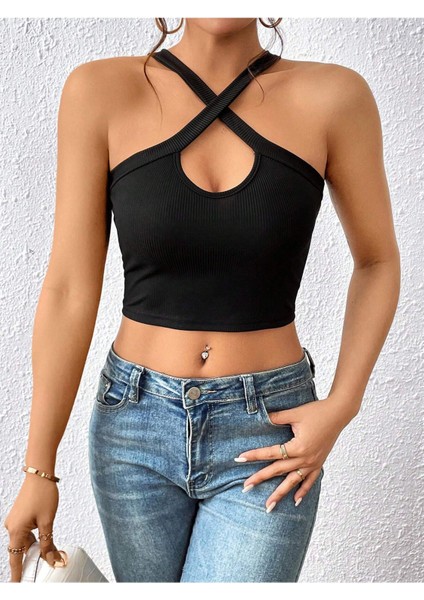 Siyah Renk Degaje Yaka Düz Desensiz Çarpaz Askılı Likralı Fitilli Kaşkorse Crop Top Bluz indirimleri