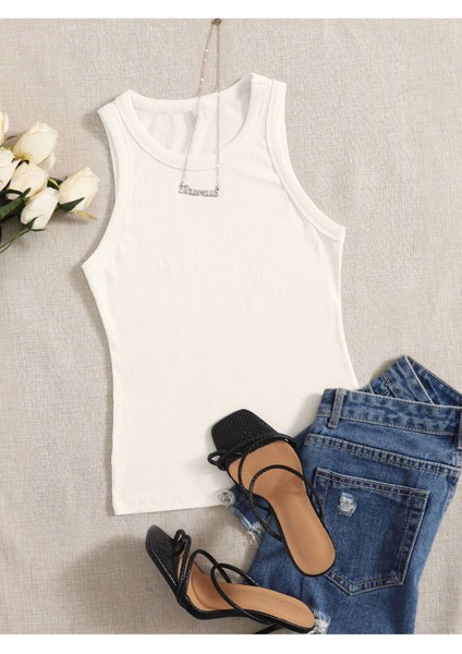 Beyaz Renk Bisiklet Yaka Düz Desensiz Likralı Fitilli Kaşkorse Regular Fit Bluz