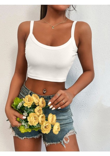 Beyaz Renk U Yaka Düz Desensiz Likralı Kalın Askılı Fitilli Kaşkorse Crop Top Bluz
