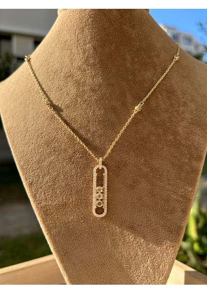 Çelik Gold Sıralı Zirkon Taşlı Dikey Mess Kolye