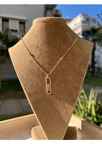 Çelik Gold Sıralı Zirkon Taşlı Dikey Mess Kolye fırsatları