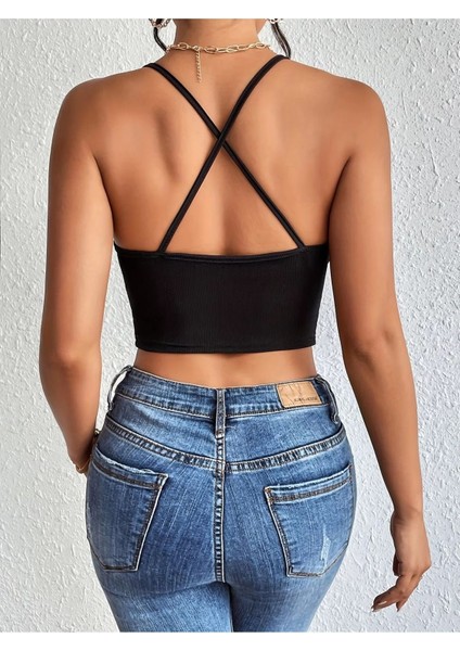 Siyah Renk U Yaka Düz Desensiz Likralı Ince Askılı Fitilli Kaşkorse Fit Crop Top Bluz