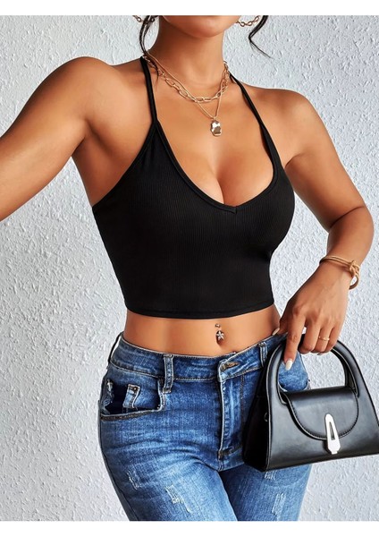Siyah Renk U Yaka Düz Desensiz Likralı Ince Askılı Fitilli Kaşkorse Fit Crop Top Bluz indirimleri