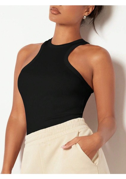 Siyah Renk Halter Yaka Düz Desensiz Likralı Fitilli Kaşkorse Regular Fit Bluz