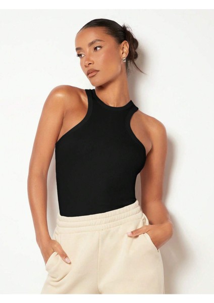 Siyah Renk Halter Yaka Düz Desensiz Likralı Fitilli Kaşkorse Regular Fit Bluz fırsatları